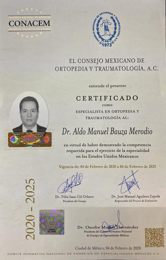 Certificación vigente por el Consejo Mexicano de Ortopedia y Traumotología A.C.